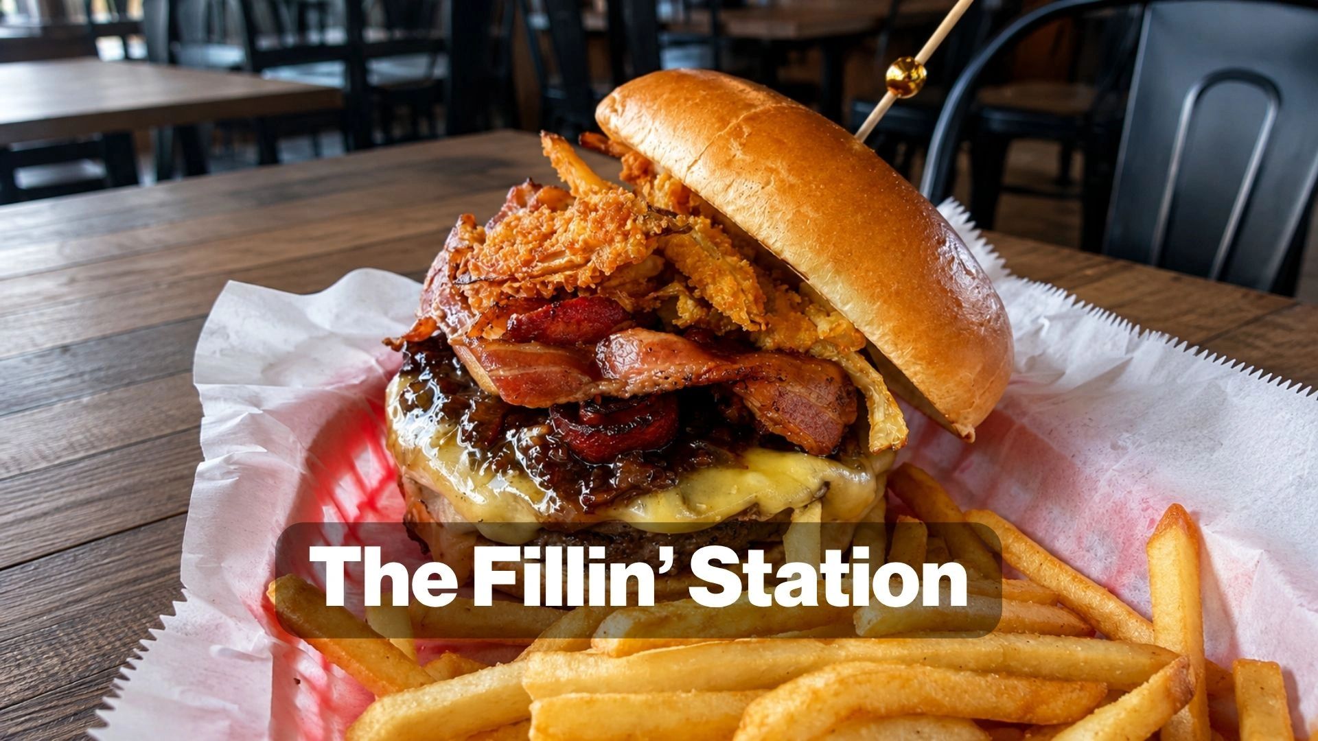 Loaded cheeseburger with fries at The Fillin' Station.