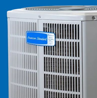 American Standard air conditioning unit against blue background.