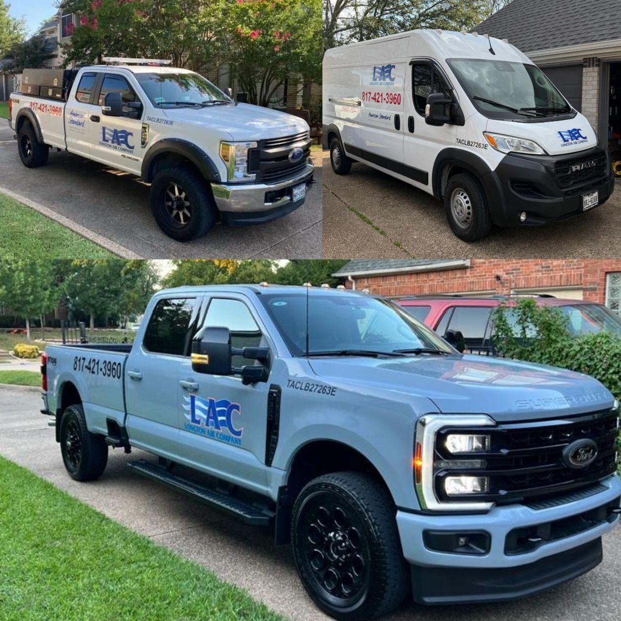 Three branded trucks from L.A.C company parked in residential areas.