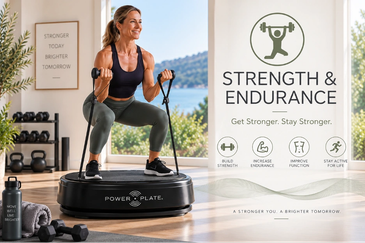 Woman exercising on a Power Plate machine for strength and endurance.