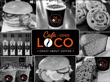 Cafe Loco food and beverage collage with logo in center.