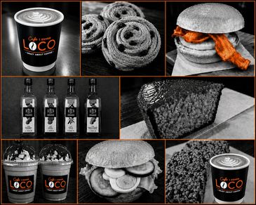 Collage of coffee, pastries, burgers, syrups, and drinks from Cafe Esher Loco.