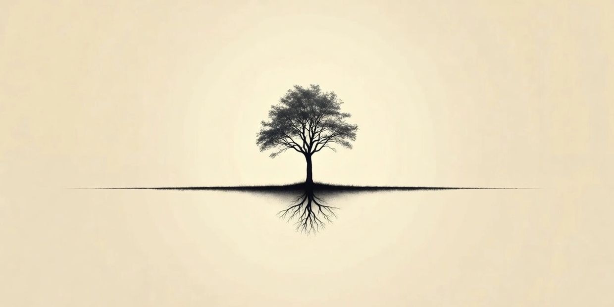 A solitary tree with visible roots reflecting on a calm surface.