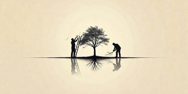 Silhouettes of two people tending a tree with reflections beneath them.