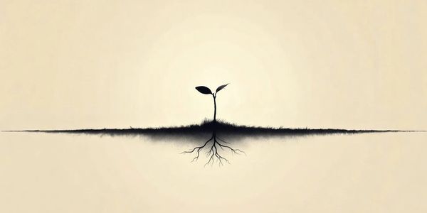 A small plant sprout with roots extending underground on a beige background.