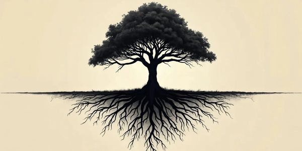 Silhouetted tree with extensive roots mirrored below ground.