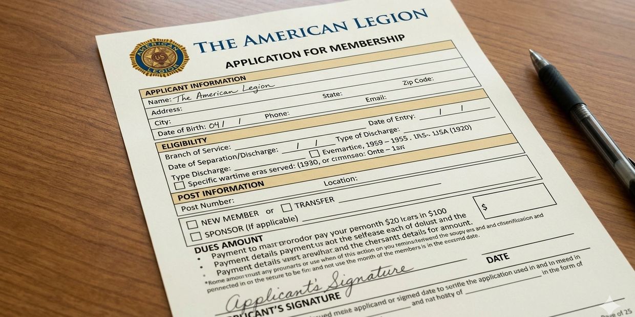 An American Legion membership application form with a pen on a wooden table.