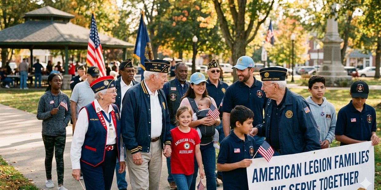 American Legion members and families march in a community parade holding flags and a banner.