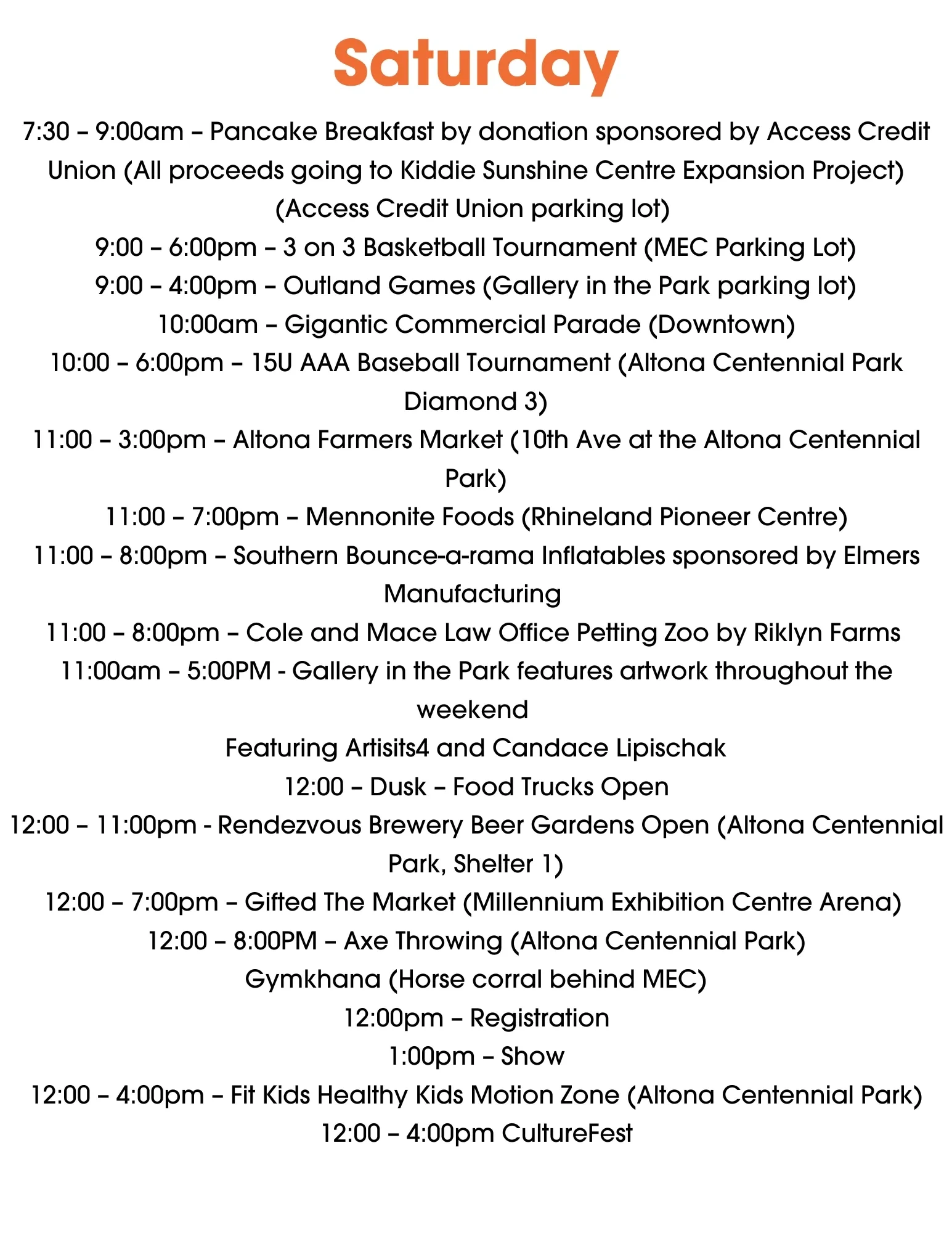 2025 Schedule of events