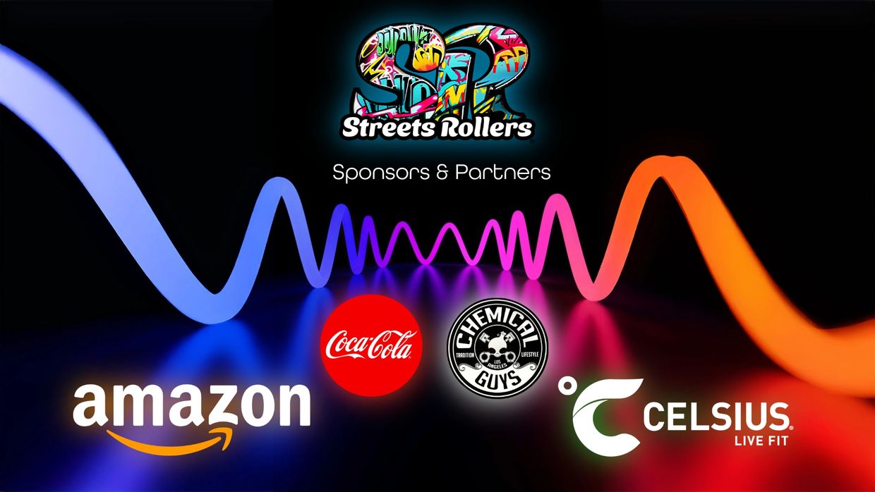 Streets Rollers' sponsors and partners logos displayed with vibrant neon wave background.