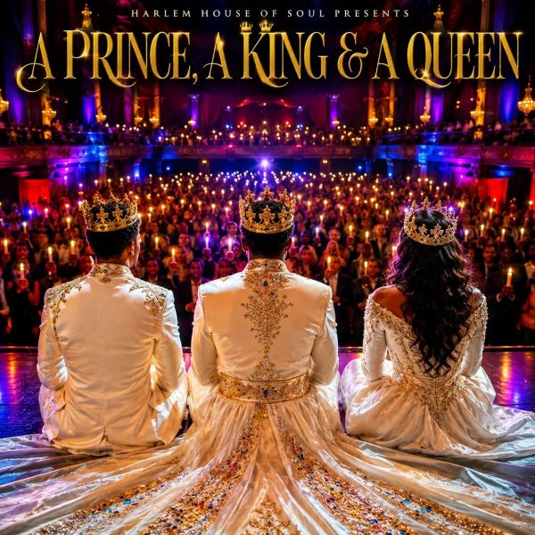 Three royals on stage with crowns, facing an audience holding candles.