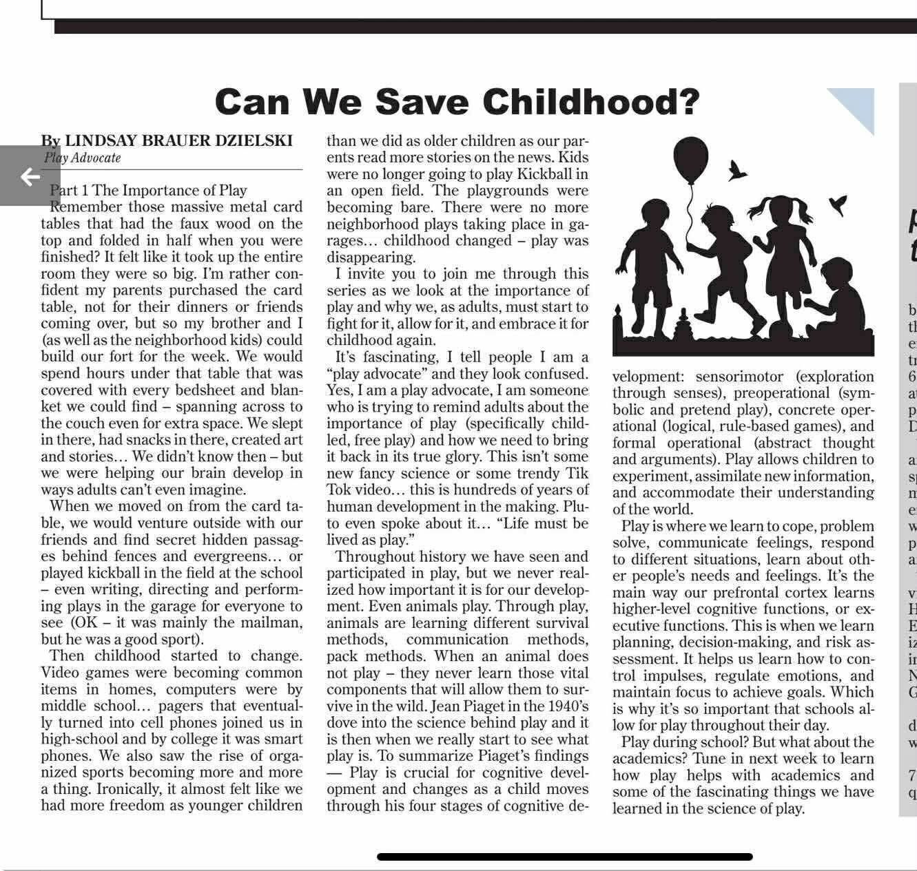 Article discussing the importance of play in childhood development.