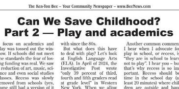 Newspaper article titled 'Can We Save Childhood? Part 2 — Play and academics' discussing childhood focus.