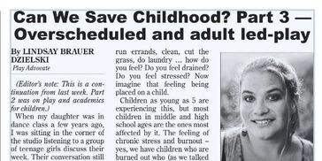 Article on childhood and overscheduled kids with a portrait of Lindsay Brauer.