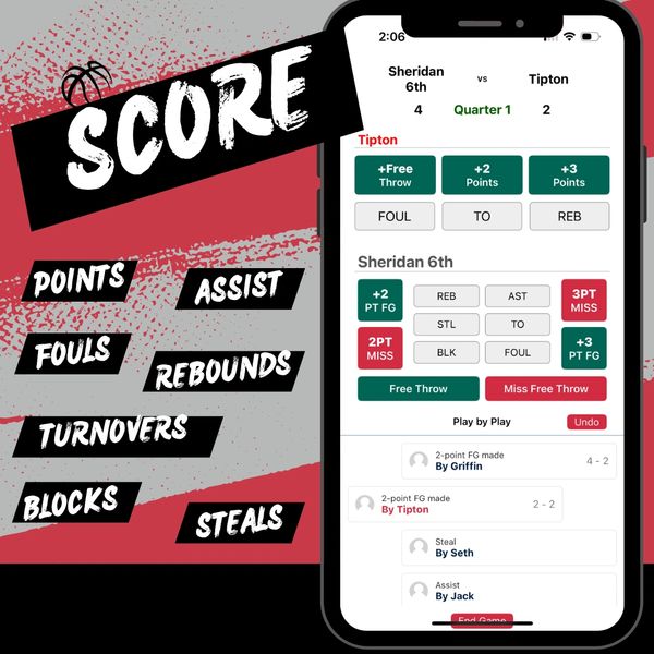 Basketball scorekeeping app interface showing live game stats and play-by-play updates.