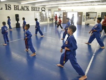Young taekwondo students practicing in a class.