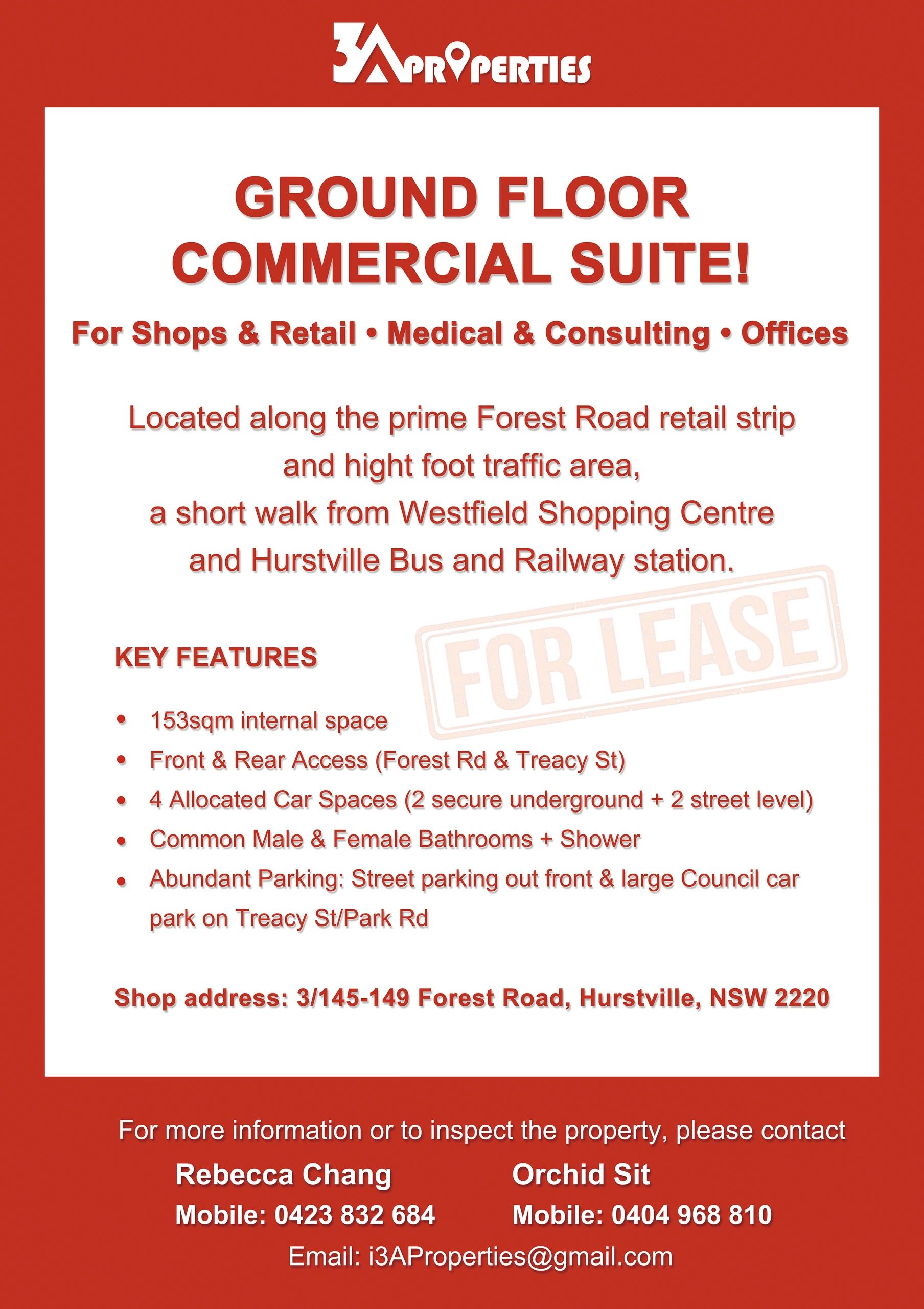 Commercial ground floor suite for lease on Forest Road, Hurstville.