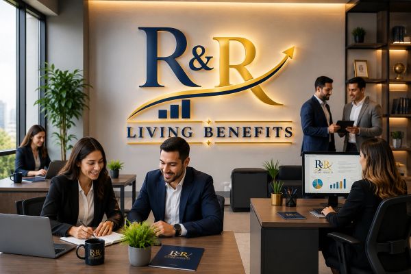 Professionals working happily in R&amp;R Living Benefits office.