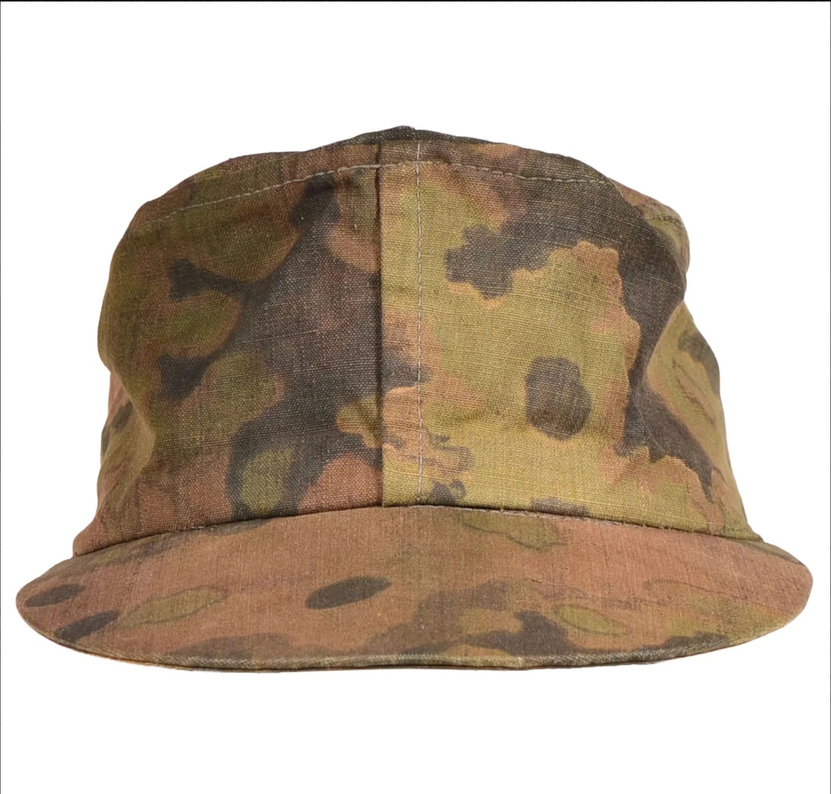 Camouflage military cap with earthy tones.