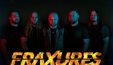 Metal band Frixures posing with dark background.