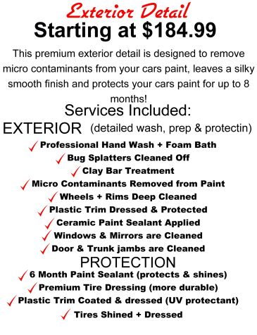 Car exterior detailing service starting at $184.99 with multiple cleaning and protection steps.