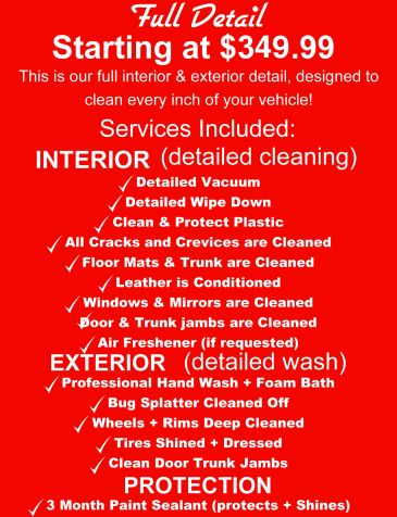 Full vehicle detailing starting at $349.99, including interior, exterior, and protection services.
