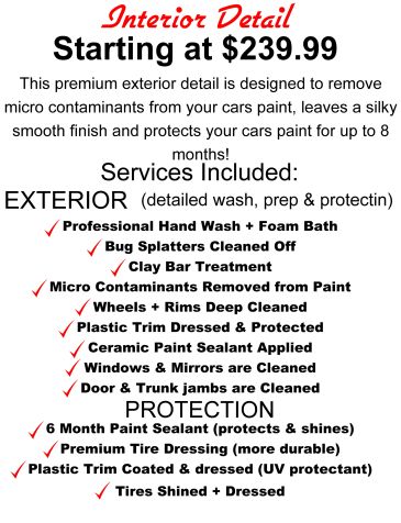 Car exterior detail service starting at $239.99 with multiple cleaning and protection steps.