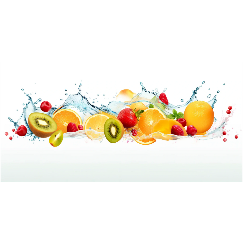 Fresh fruits splashing in water with vibrant colors.  Represents Vitamin IV Therapy
