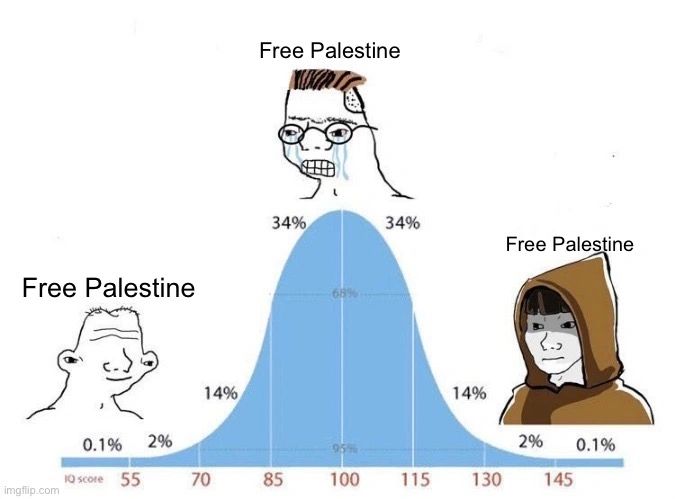 Three characters with "Free Palestine" caption on an IQ bell curve.
