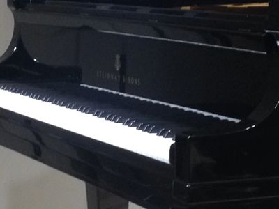 A black Steinway &amp; Sons grand piano keyboard.