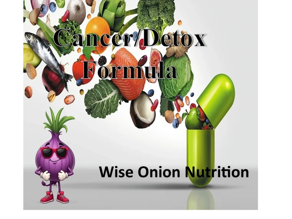 Colorful foods and a green capsule with text about a cancer detox formula by Wise Onion Nutrition.