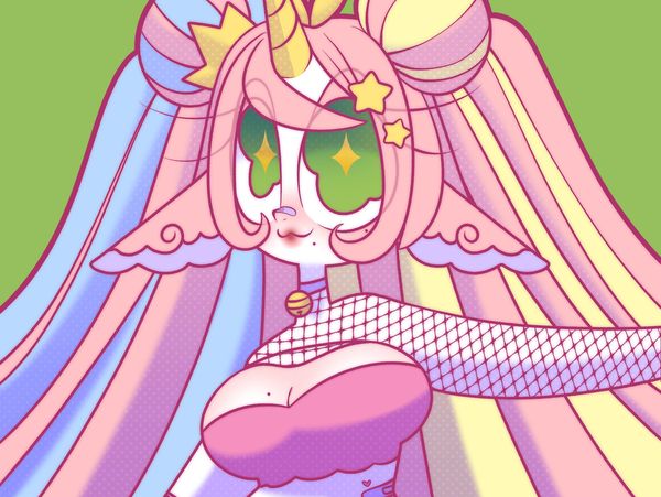 Colorful unicorn character with starry eyes and pastel hair in a vibrant cartoon style.