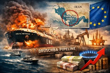 Burning LNG tanker and energy infrastructure amid geopolitical tensions near Iran and Europe.