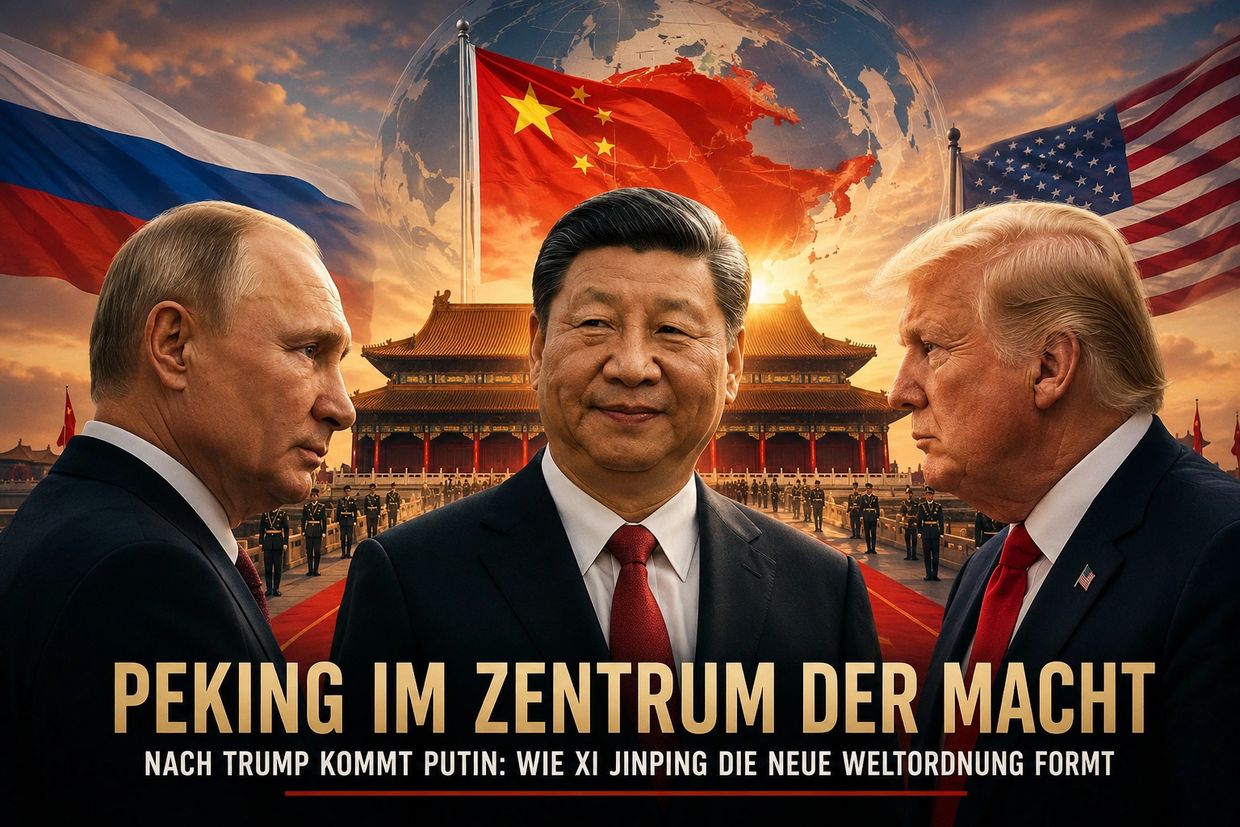 Three world leaders with their national flags and a Chinese palace background.