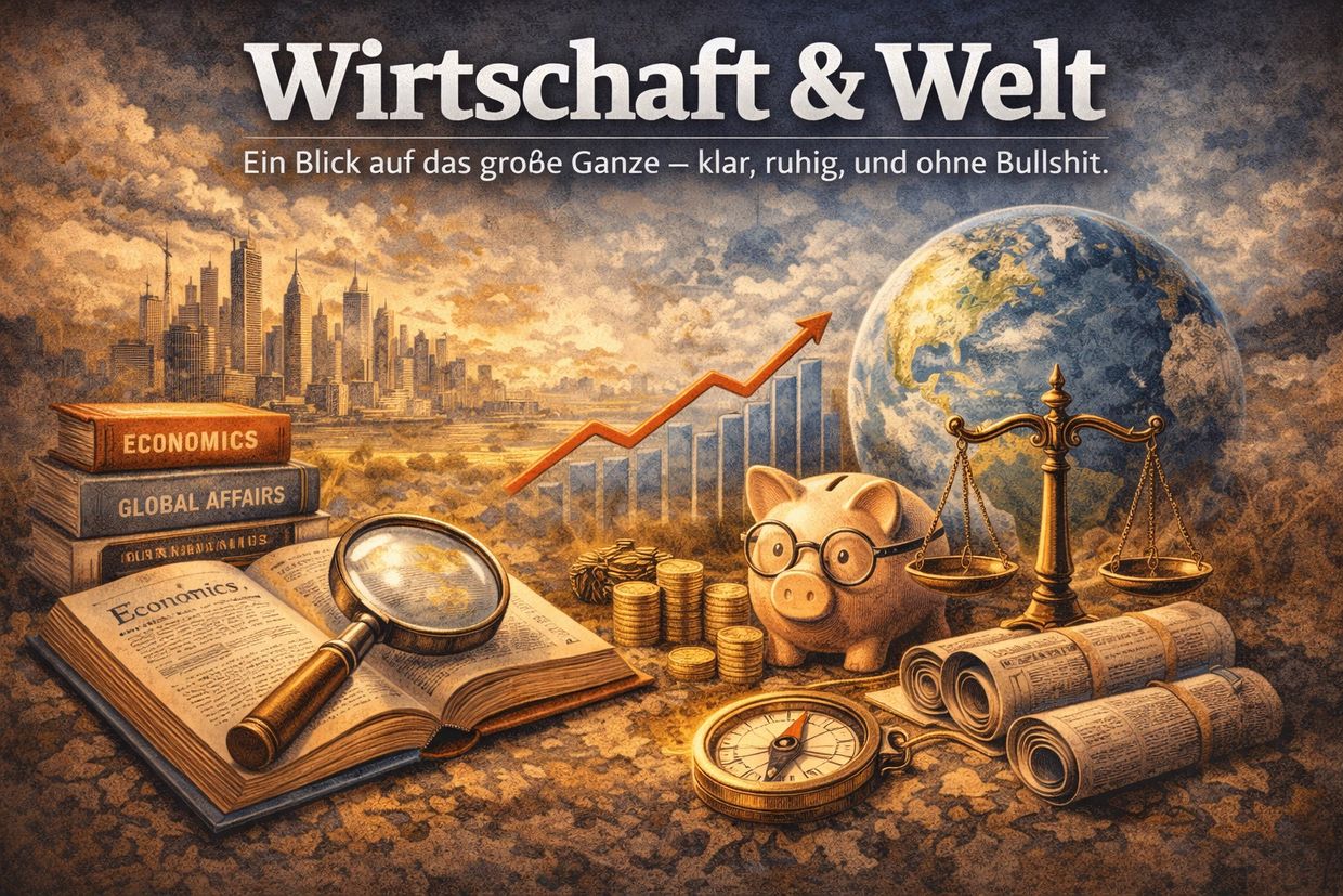 Illustration of economics and global affairs with books, piggy bank, and globe.