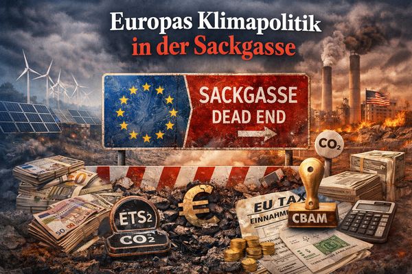 Illustration showing Europe's climate policy at a dead end with pollution and financial burdens.