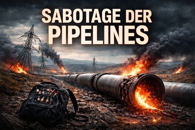 Burning pipelines with the text 'Sabotage der Pipelines'.