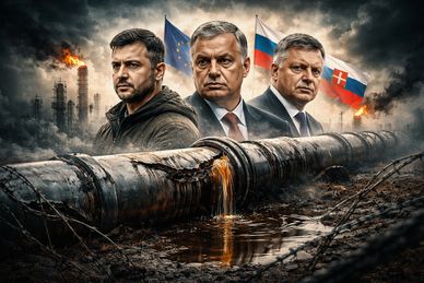 Three leaders stand behind a damaged, leaking pipeline with dark smoke and flags in the background.