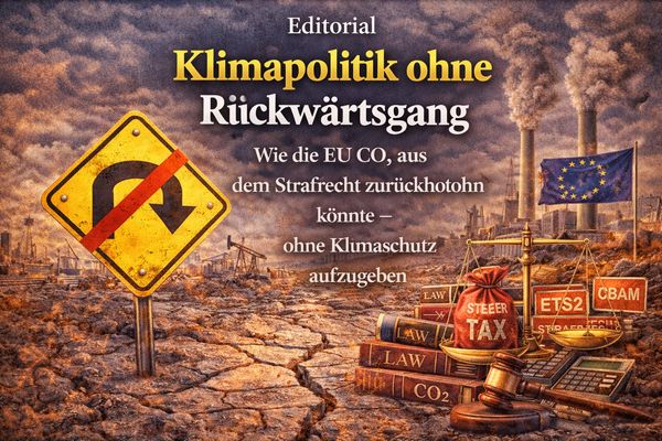 Environmental message on EU climate policy and CO2 law with a no U-turn road sign amid pollution.