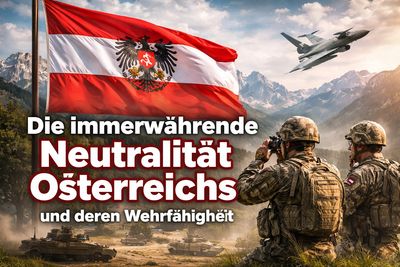 Austrian flag with soldiers, tanks, and jets symbolizing Austria's neutrality and defense capability.