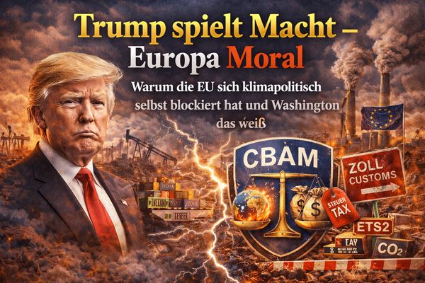 Trump vor einer zerstörten Landschaft mit EU-Flagge, Thema Klimapolitik und Machtspiel.