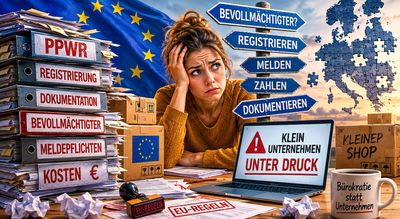 Stressed woman overwhelmed by EU bureaucracy and paperwork.