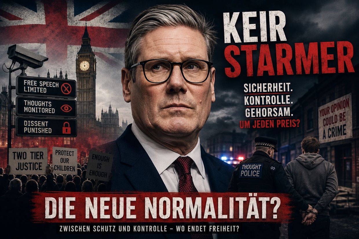 Keir Starmer with critical messages about free speech, control, and justice in a dark, tense setting.