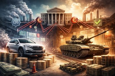 A tank and a car on piles of money with industrial pollution and economic symbols in the background.