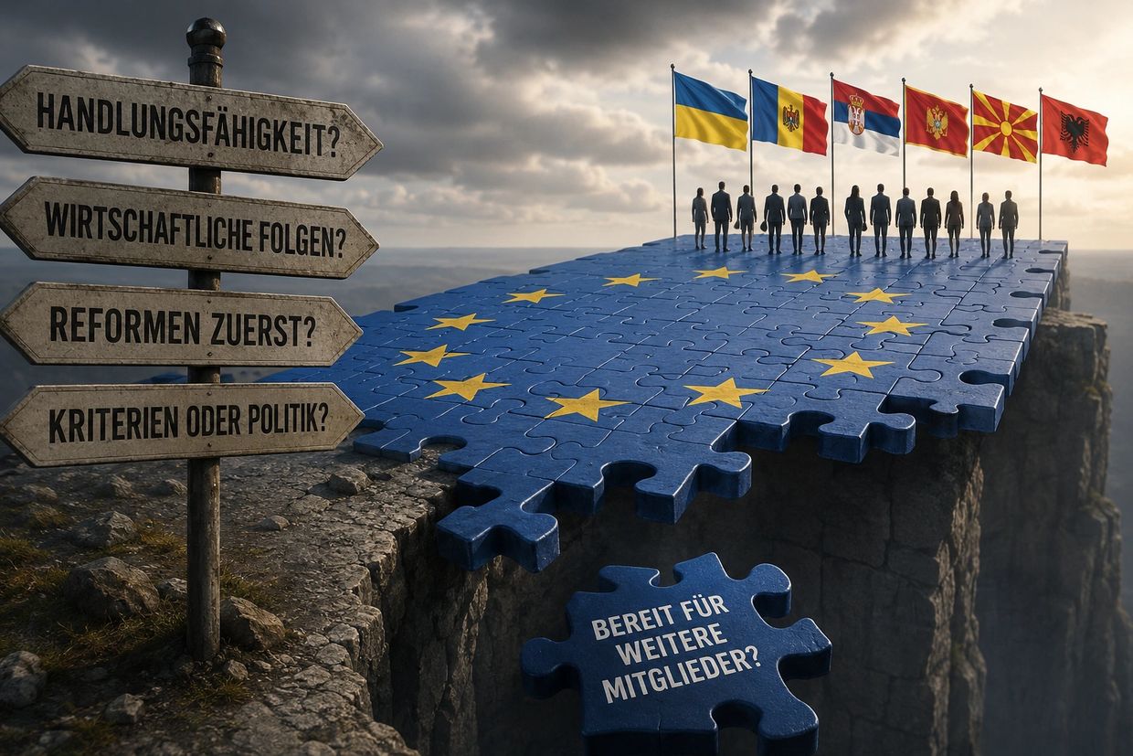 A jigsaw puzzle bridge with EU stars and flags, questioning readiness for new members.