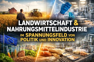 Collage showing agriculture, food industry, and innovation in politics and technology.
