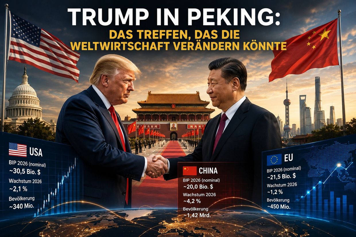Trump and Xi Jinping handshake in Beijing, symbolizing a pivotal global economic meeting.