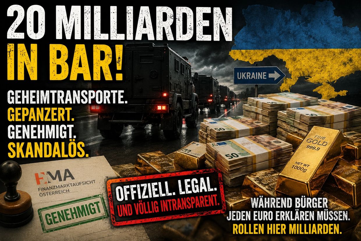 Stacks of cash and gold bars with armored vehicles heading to Ukraine, highlighting secret legal money transfers.
