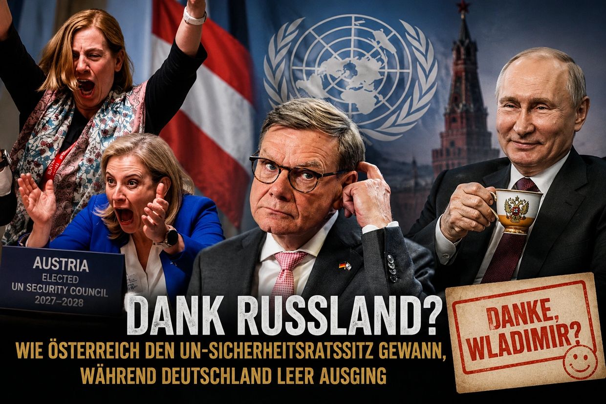 A tense political scene featuring Austria's UN Security Council win, Germany's disappointment, and Putin's smirk.