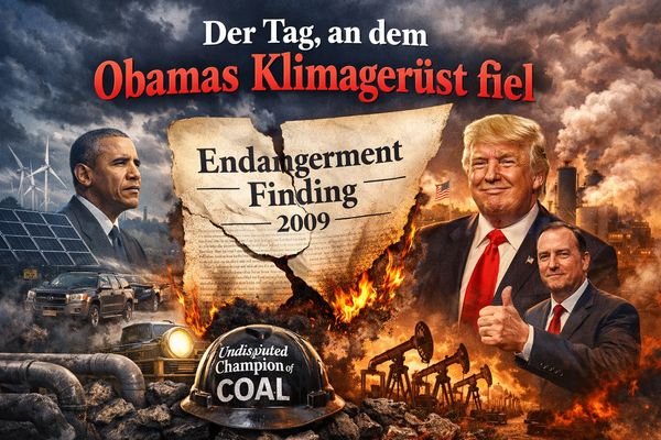 Illustration showing Obama, Trump, and a burning climate report from 2009.